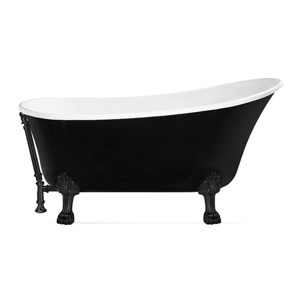 Streamline 28W x 59L Glossy Black Acrylic Clawfoot Bathtub with Matte Black Feet and Reversible Drain