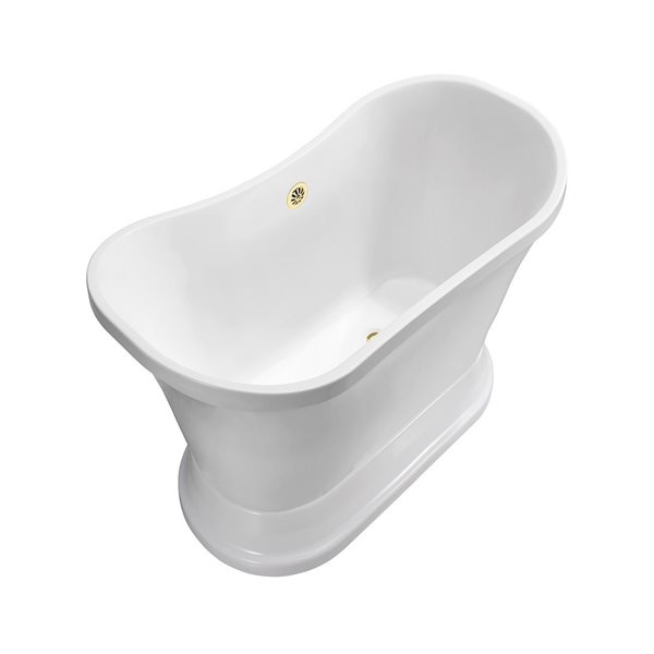 Baignoire en acrylique blanc lustré Streamline de 32 po x 60 po avec drain centré or poli et plateau