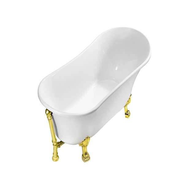 Streamline 28W x 59L Glossy White Acrylic Clawfoot Bathtub with Polished Gold Feet and Reversible Drain