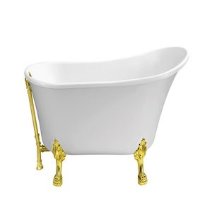 Streamline 28W x 59L Glossy White Acrylic Clawfoot Bathtub with Polished Gold Feet and Reversible Drain