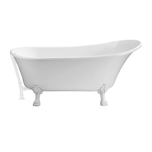 Streamline 28W x 59L Glossy White Acrylic Clawfoot Bathtub with Glossy White Feet and Reversible Drain