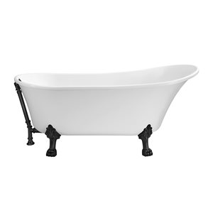 Streamline 27W x 55L Glossy White Acrylic Clawfoot Bathtub with Matte Black Feet and Reversible Drain
