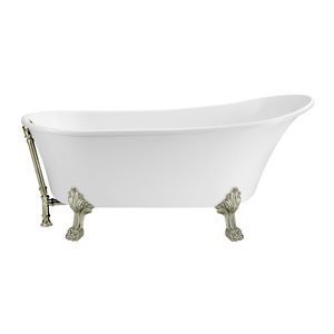 Streamline 28W x 63L Glossy White Acrylic Clawfoot Bathtub with Brushed Nickel Feet and Reversible Drain