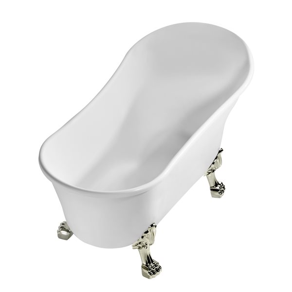 Baignoire sur pieds nickel brossé en acrylique blanc lustré Streamline de 28 po x 59 po avec drain réversible