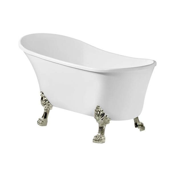 Streamline 32W x 67L Glossy White Acrylic Clawfoot Bathtub with Brushed Nickel Feet and Reversible Drain