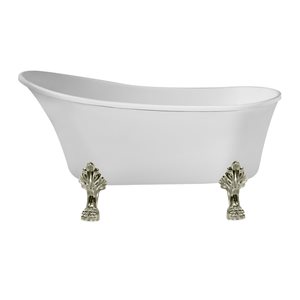 Streamline 32W x 67L Glossy White Acrylic Clawfoot Bathtub with Brushed Nickel Feet and Reversible Drain