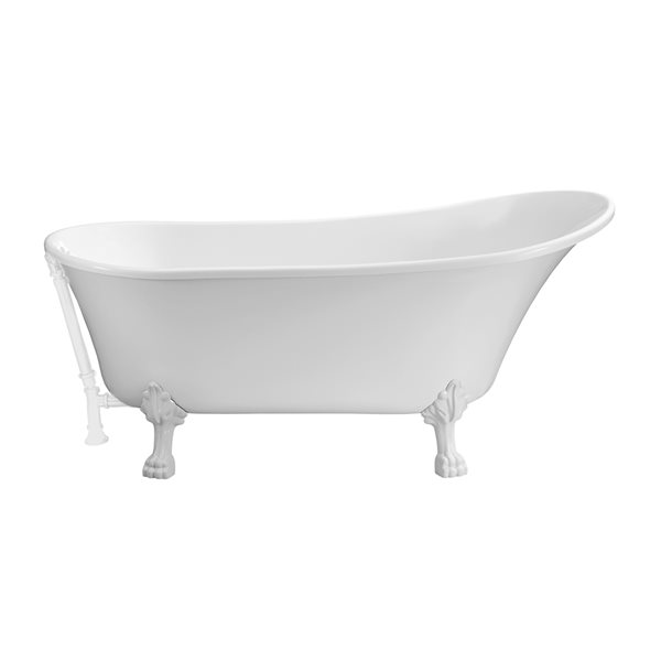 Streamline 32W x 67L Glossy White Acrylic Clawfoot Bathtub with Glossy White Feet and Reversible Drain