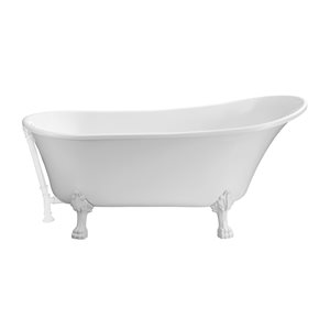 Streamline 32W x 67L Glossy White Acrylic Clawfoot Bathtub with Glossy White Feet and Reversible Drain