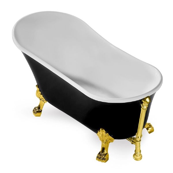 Streamline 32W x 67L Glossy Black Acrylic Clawfoot Bathtub with Polished Gold Feet and Reversible Drain