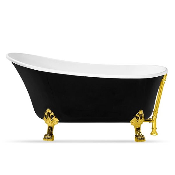 Streamline 32W x 67L Glossy Black Acrylic Clawfoot Bathtub with Polished Gold Feet and Reversible Drain