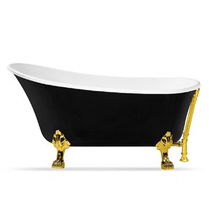 Streamline 32W x 67L Glossy Black Acrylic Clawfoot Bathtub with Polished Gold Feet and Reversible Drain