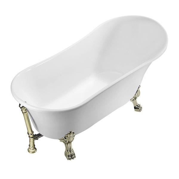 Baignoire sur pieds nickel brossé en acrylique blanc lustré Streamline de 28 po x 59 po avec drain réversible