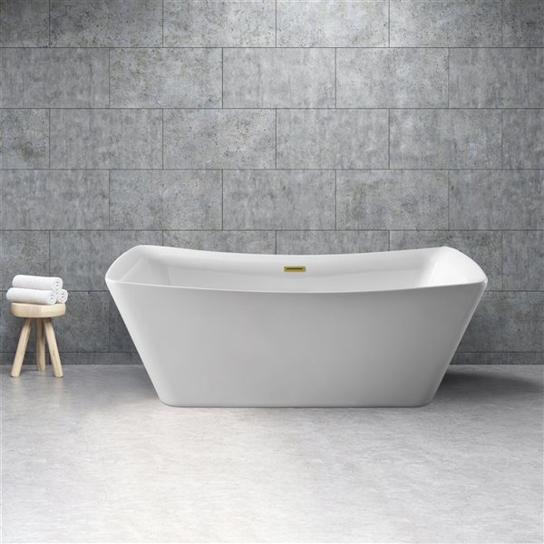 Streamline 31W x 70L Glossy White Acrylic Bathtub and a Polished Gold Center Drain