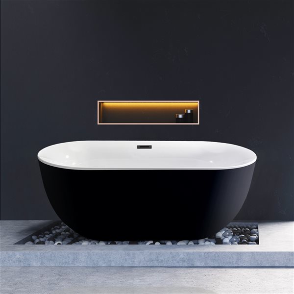 Streamline 28W x 59L Glossy Black Acrylic Bathtub and a Matte Black Center Drain