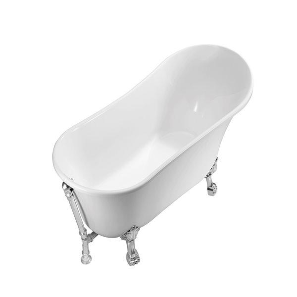 Baignoire sur pieds chrome poli en acrylique blanc lustré Streamline de 32 po x 67 po avec drain réversible