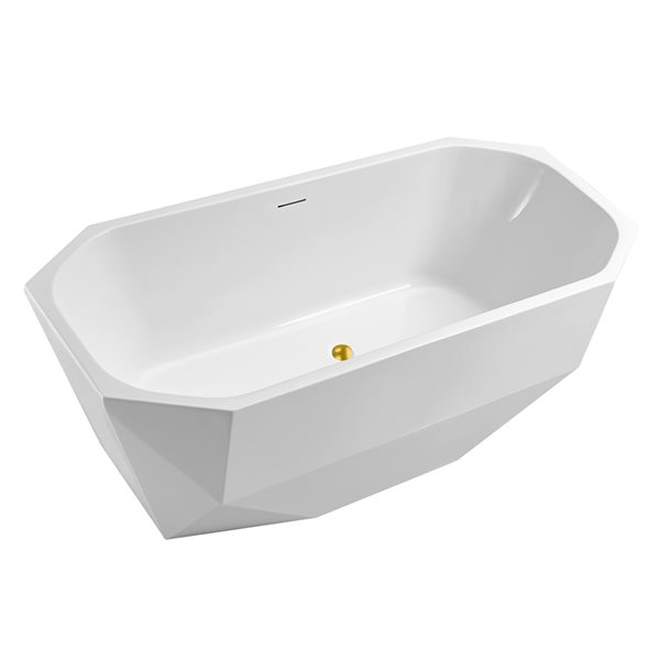 Streamline 29W x 63L Glossy White Acrylic Bathtub and a Polished Gold Center Drain