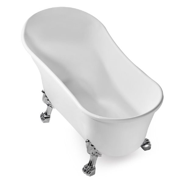 Baignoire sur pieds chrome poli en acrylique blanc lustré Streamline de 28 po x 59 po avec drain réversible