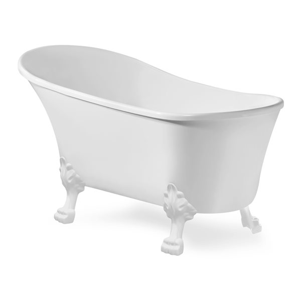 Streamline 28W x 63L Glossy White Acrylic Clawfoot Bathtub with Glossy White Feet and Reversible Drain