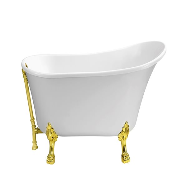 Streamline 28W x 63L Glossy White Acrylic Clawfoot Bathtub with Polished Gold Feet and Reversible Drain