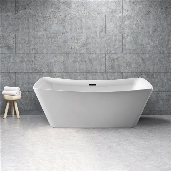 Streamline 31W x 70L Glossy White Acrylic Bathtub and a Matte Black Center Drain