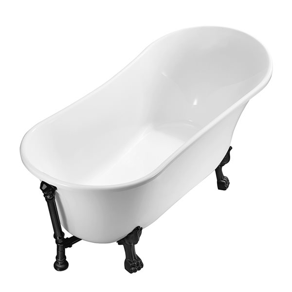 Streamline 28W x 63L Glossy White Acrylic Clawfoot Bathtub with Matte Black Feet and Reversible Drain