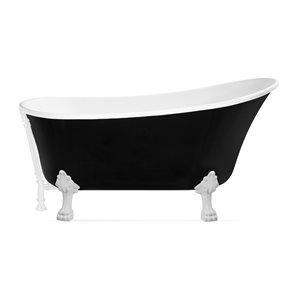 Streamline 32W x 67L Glossy Black Acrylic Clawfoot Bathtub with Glossy White Feet and Reversible Drain