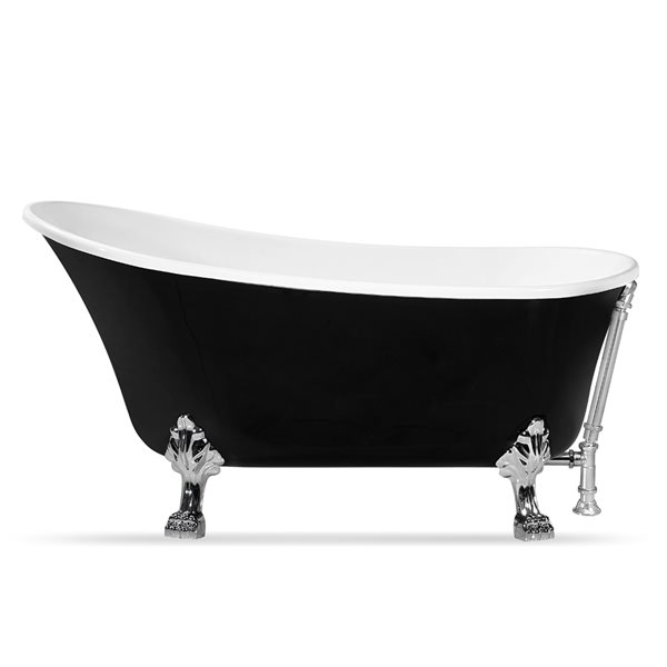 Baignoire sur pieds chrome poli en acrylique noir lustré Streamline de 32 po x 67 po avec drain réversible