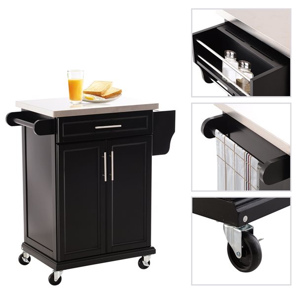 HomCom Black Wood Base with Stainless Steel Top Kitchen Cart - 17.99-in x 32.87-in x 35.63-in