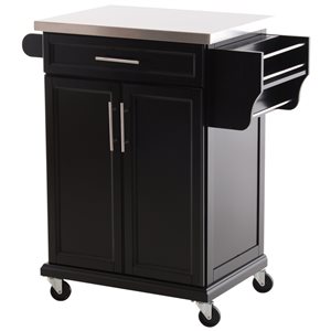 HomCom Black Wood Base with Stainless Steel Top Kitchen Cart - 17.99-in x 32.87-in x 35.63-in
