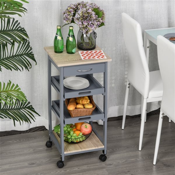 HomCom Grey Wood Base with Southern Yellow Pine Wood Top Kitchen Cart - 14.57-in x 14.57-in x 29.92-in