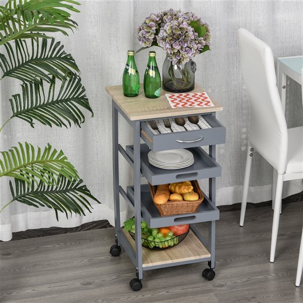 HomCom Grey Wood Base with Southern Yellow Pine Wood Top Kitchen Cart - 14.57-in x 14.57-in x 29.92-in