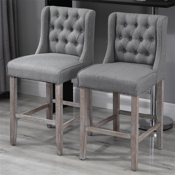 HOMCOM Grey Cotton Upholstered Bar Stools with Footrest - Set of 2