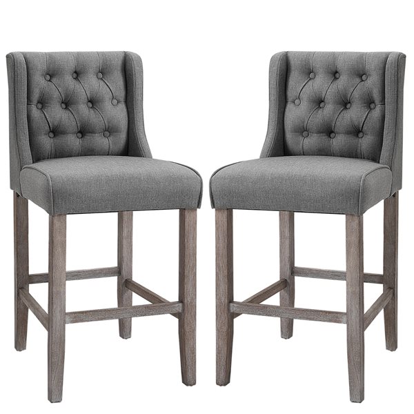 HOMCOM Grey Cotton Upholstered Bar Stools with Footrest - Set of 2
