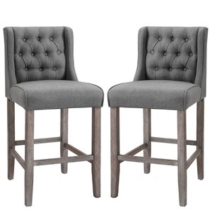 HomCom Grey Cotton Upholstered Bar Stools with Footrest - Set of 2
