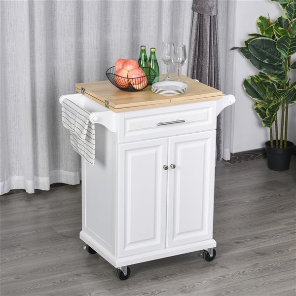 HomCom White Wood Base with Southern Yellow Pine Wood Top Kitchen Cart - 17.99-in x 47.09-in x 35.91-in