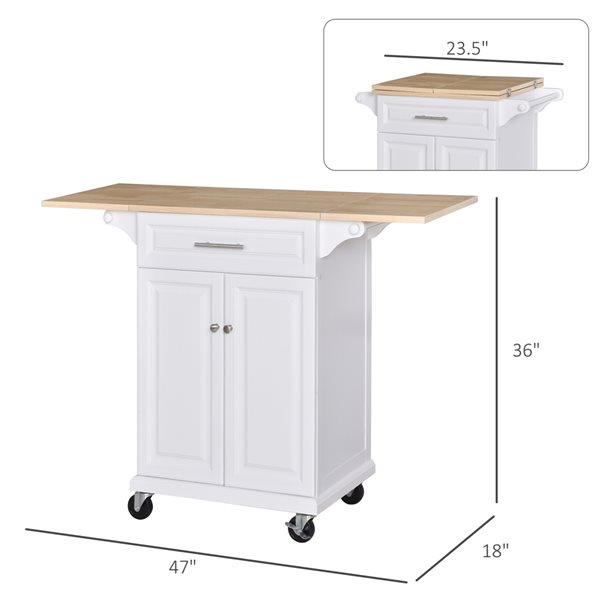 HomCom White Wood Base with Southern Yellow Pine Wood Top Kitchen Cart - 17.99-in x 47.09-in x 35.91-in