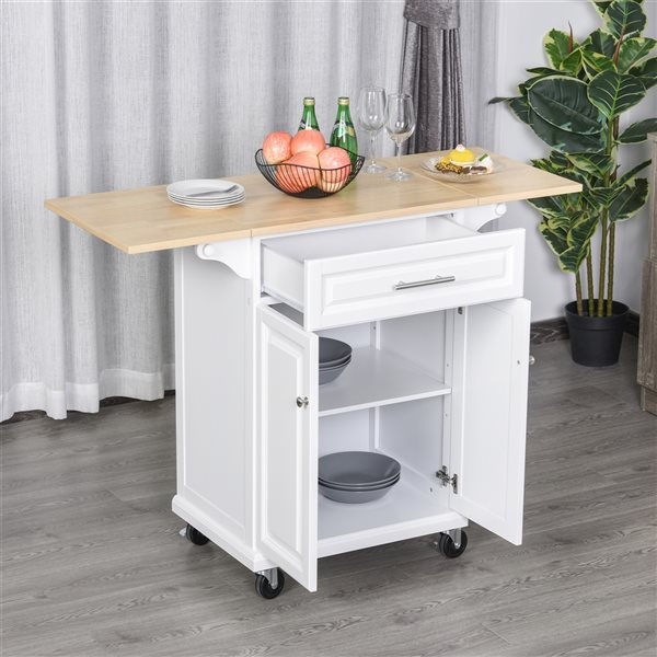 HomCom White Wood Base with Southern Yellow Pine Wood Top Kitchen Cart - 17.99-in x 47.09-in x 35.91-in