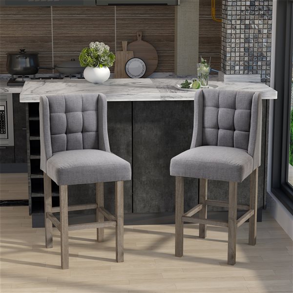 HomCom Grey Modern Upholstered Bar Stools with Footrest - Set of 2