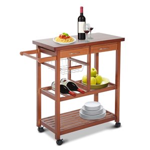 HomCom Brown Wood Base with Southern Yellow Pine Wood Top Kitchen Cart - 14.57-in x 33.46-in x 33.46-in