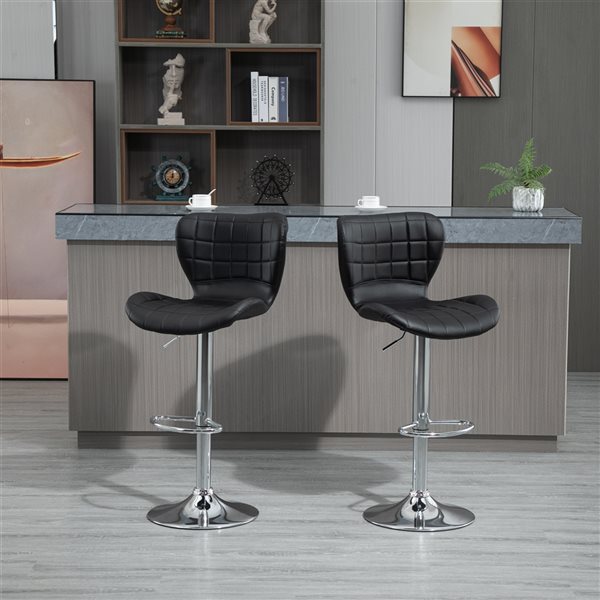 HomCom Black Faux Leather Swivel Bar Stools with Adjustable Height - Set of 2