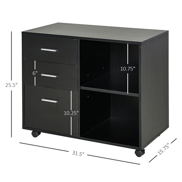 Meuble-classeur mobile noir à 3 tiroirs HomCom de 31 1/2 po x 25 1/2 po avec étagère réglable