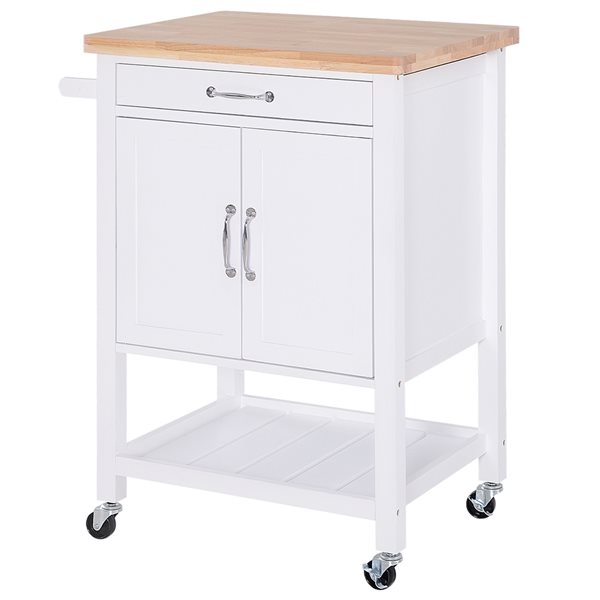 HomCom White Wood Base with Rubberwood Top Kitchen Cart - 18.9-in x 25. ...