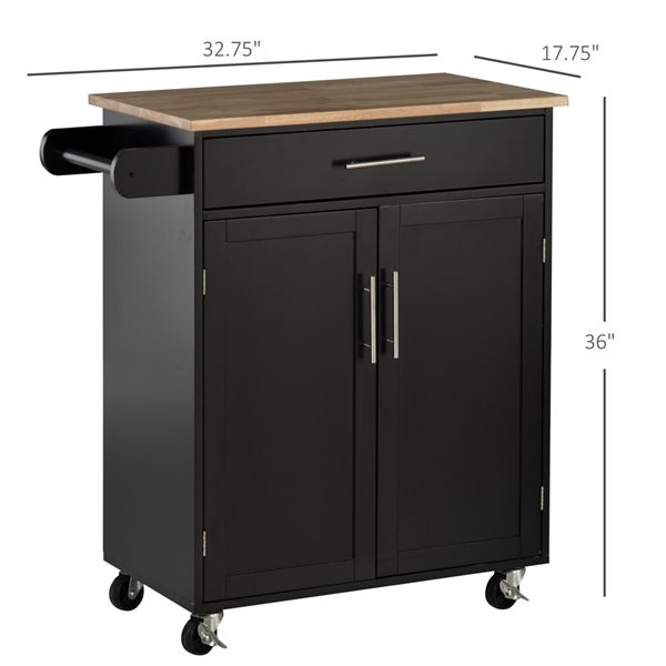 HomCom Black Wood Base with Rubberwood Top Kitchen Cart - 17.75-in x 32.75-in x 36-in