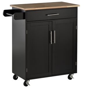 HomCom Black Wood Base with Rubberwood Top Kitchen Cart - 17.75-in x 32.75-in x 36-in