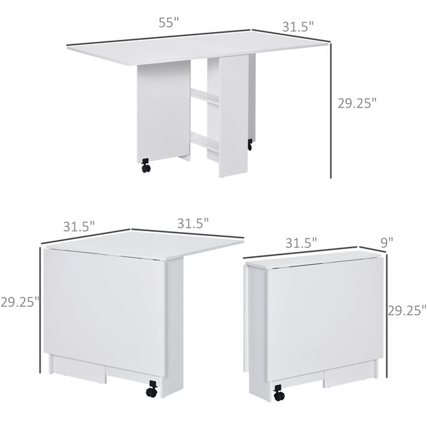 HomCom Rectangular White 2-Shelf Drop-Leaf Table with Casters
