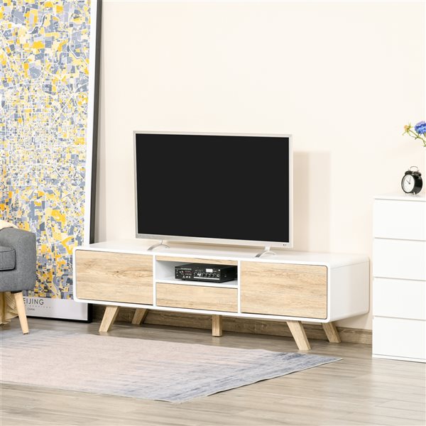 HomCom White/Nature Wood TV Stand