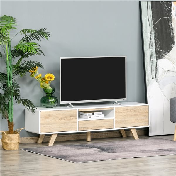 Meuble télé HomCom blanc et en bois naturel