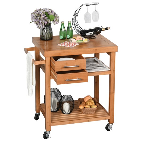 Chariot de cuisine HomCom avec base en bois brun et dessus en bois de bambou de 21,46 po x 29,33 po x 36,42 po