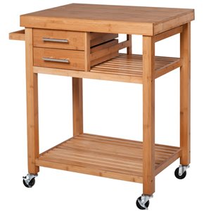 HomCom Brown Wood Base with Bamboo Wood Top Kitchen Cart - 21.46-in x 29.33-in x 36.42-in