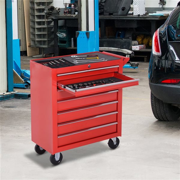 HomCom 29 1/2-in x 27 1/4-in Red 7-Drawer Tool Cabinet with Wheels